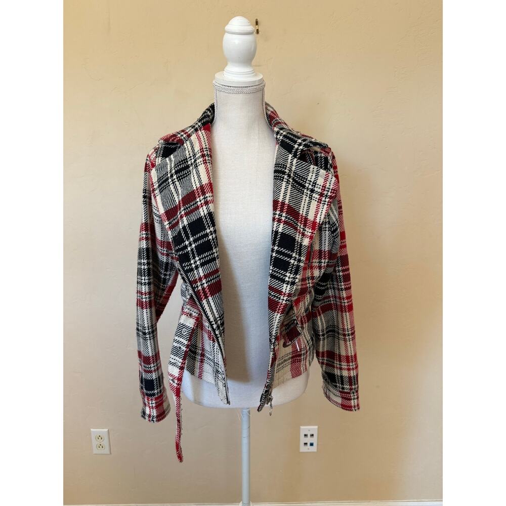 Plaid Moto Jacket Red Black Cream Belted Wool Blend Cato Small Zip Front Lined - Picture 9 of 12